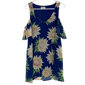 Show Me Your Mumu Birdie Ruffle Dress Womens XS Small Navy Blue Sunflower Mini